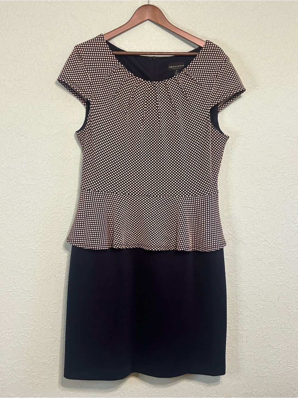 Peplum Knee Length Dress | Navy & Tan |Polka Dot | Connected Apparel | Size 16